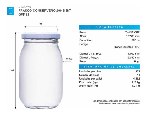 Imagen 2 de 2 de Frasco Conservero De 200c C/tapa Metálica Pack De 25 Unds