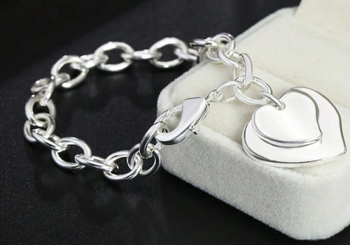Pulsera Brazalete Cadena Plata Doble Dije Corazón Bolsita