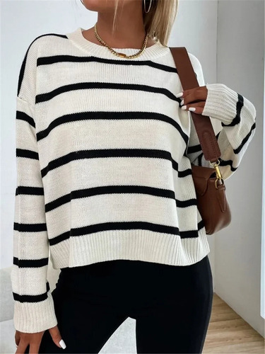 Suéter De Punto A Rayas Para Mujer Con Cuello Redondo Y Mang