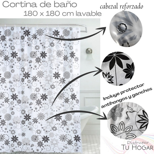 Imagen 2 de 10 de Cortina Baño + Protector + Ganchos Colibrí Lavable Eliplast