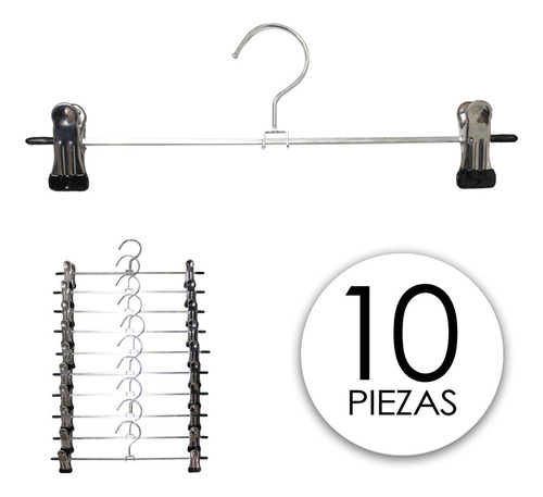 Gancho Para Ropa Pantalon De Metal Cromado Con Pinzas 10pzas
