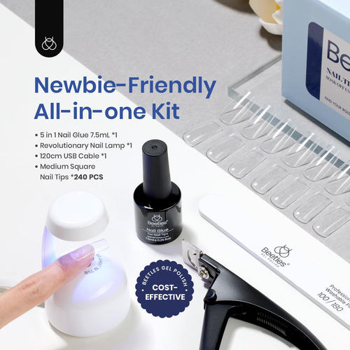 Kit De Extension De Uñas 5 En 1 Cuadradas Medianas Acrilica Transparentes