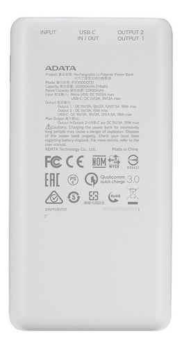 Batería Portátil Power Bank Adata P20000qcd 20000mah Blanco
