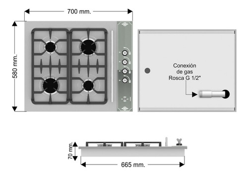 Imagen 8 de 10 de Anafe A Gas Empotrar Acero 4 Hornallas Gama 700 Cocina