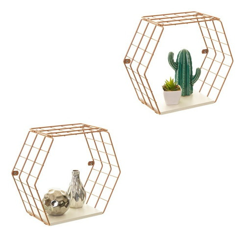 Kit Com 2 Nichos Preteleira Hexagonal Decorativo Rose Gold