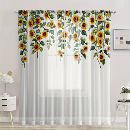 2 Cortinas Semitransparentes Con Estampado De Girasoles, Dec