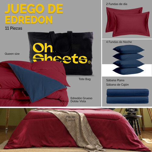 Oh! Sheets Juego De Edredon Microfibra 11 Piezas Queen Size Rojo / Azul Marino Lisa