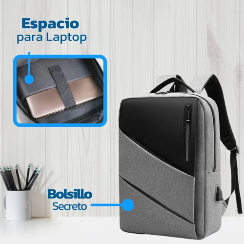 Mochila Antirrobo Laptop Impermeable Con Puerto Usb 15.6 Color Gris Diseño de la tela Liso