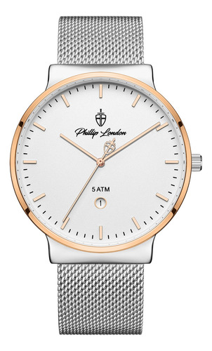 Relógio Phillip London Shelby Silver Minimalista Prata Cor da correia Prateado Cor do bisel Rosé-gold Cor do fundo Branco