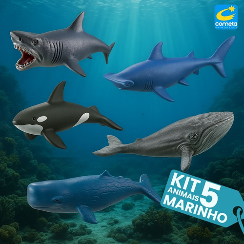 Kit Cartela 5 Animais Marinhos Brinquedo Tubarão Baleia 14cm