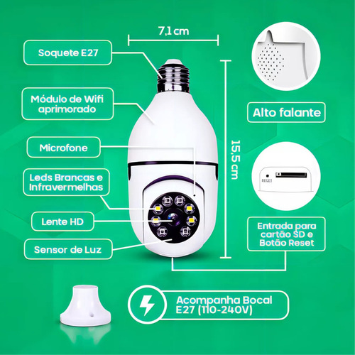Câmera De Segurança Lâmpada Wifi Com Visão Noturna Interna