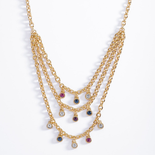 Collar Triple Cadena Dorada Con Cristales Colores Colgantes