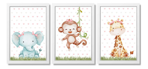 Kit 3 Quadros Decorativos Com Vidro E Moldura -safari Menina