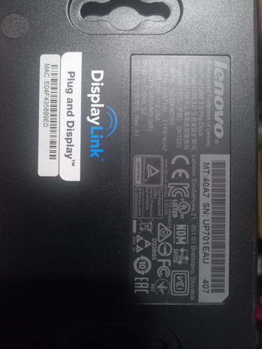 Acoplamiento Dock Station Lenovo Pro Displaylink 40a7 Dk1522 (Usado)