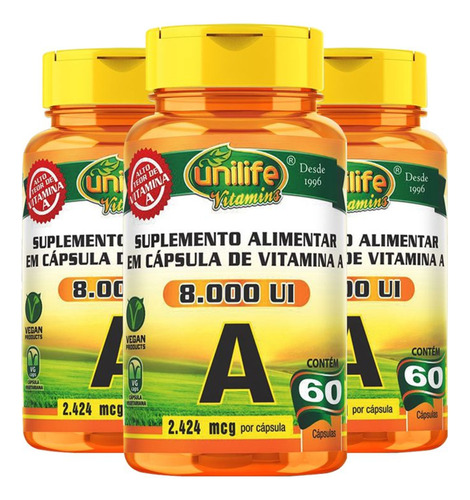 Kit 3 Vitamina A Retinol 60 Cápsulas Unilife