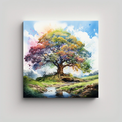 60x60cm Cuadro Árbol De Roble Acuarelas Bastidor Madera