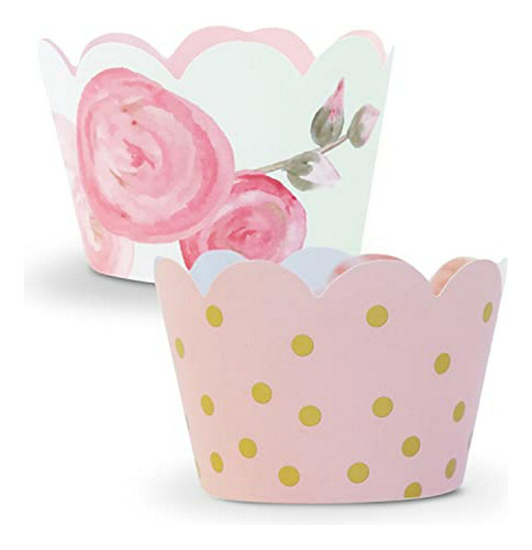 Envoltorios Para Cupcakes En Rosa Y Dorado Con Flores - 24 U