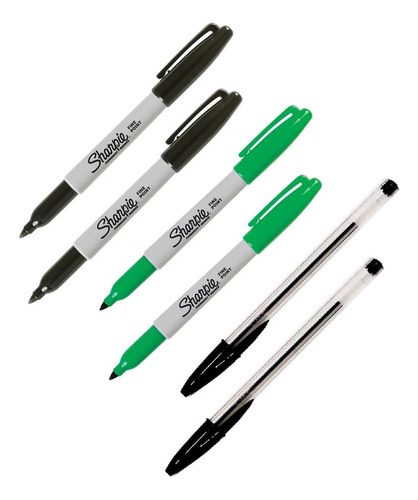 Kit De 2 Marcadores Sharpie Negros + 2 Verdes+ 2 Esferos Bic