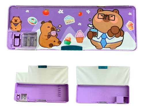Lapicera Rígida Cartuchera Con Sacapuntas Capibara Stitch Lapicera Capi Morada