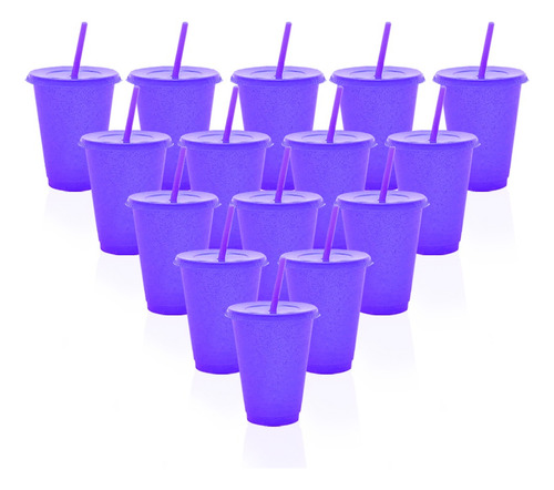 15vasos Mágicos Reutilizables Plástico 16oz C/tapa Y Popote Violeta