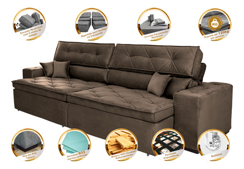 Sofá Austin 2,82m Retrátil, Reclinável com Molas no Assento e Almofadas, Suede Café Cama inBox
