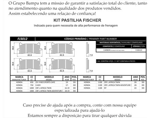 Kit Pastilha Fischer Dianteira Crf 1000 Africa Twin Fj3012c