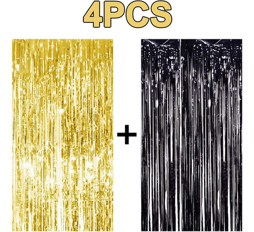 Sharlity 4pcs 3 X 8 Black And Gold Metallic Tinsel Foil Frin