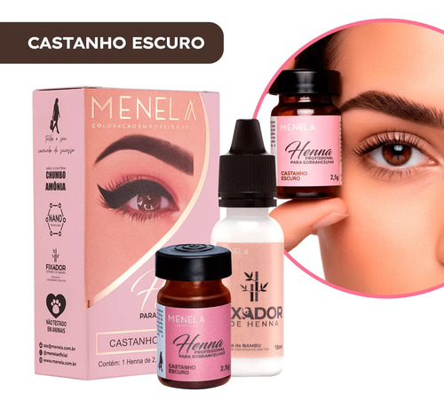 Henna Menela Castanho Escuro Padrão Profissional Para Designer De Sobrancelhas 2.5g Com Fixador E Nanotecnologia Completo