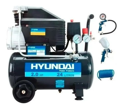 Compresor De Aire 24 Lts 2hp + Kit 3 Piezas Hyundai 115psi