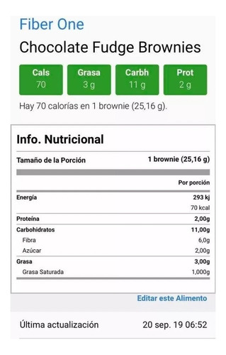 Brownies De Chocolate 24 Pz Fiber One 603g Barra 70 Calorías