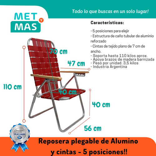 Imagen 2 de 9 de Reposera Plegable Playera De Aluminio 5 Posiciones - X2 Un!!