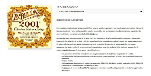 Imagen 2 de 4 de Encordado Guitarra Clasica La Bella 2001 Medium Tension