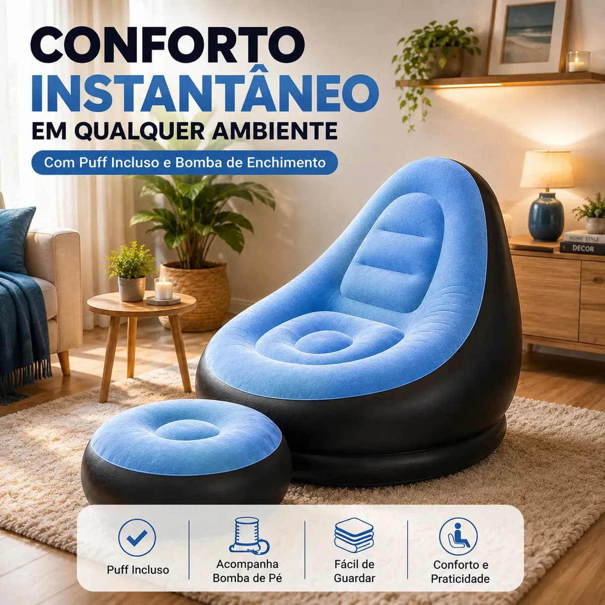 Sofá Inflável Aveludado Com Puff Bomba Manual De Pé Poltrona Azul Para Sala Quarto Cinema Em Casa Área Gourmet Camping Fácil De Guardar Confortavel Descanso