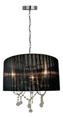 Lustre Seda Falsa Com Cúpula Tecido Preto Armação Cromada 110V/220V