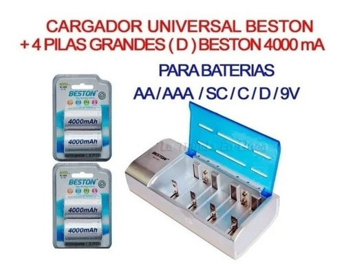 Combo Cargador Beston Universal + 4 Baterías D Grande 4000ma