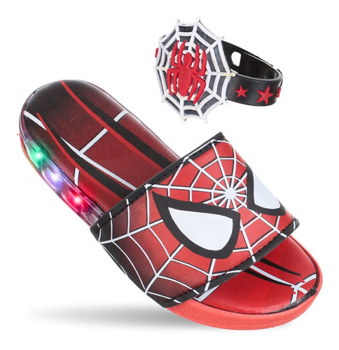 Chinelo Slide Aranha Com Luzinha Led Pisca Meninos Vermelho