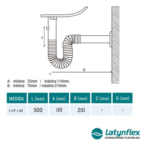 Sifon Flexible Para Lavatorio Cromado De 50cm 1-1/4 PuLG