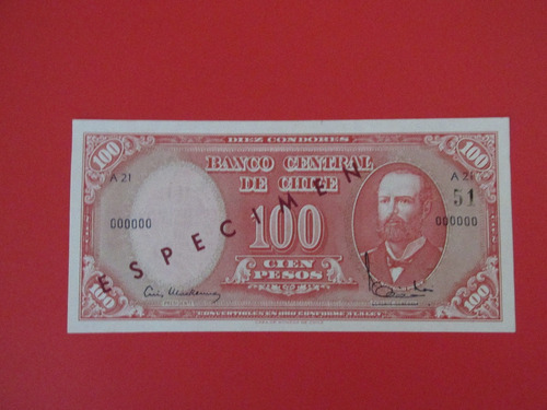 Billete Chile 100 Pesos Especimen Año 1960 Unc Muy Escaso