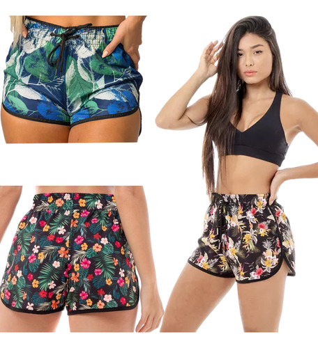 Kit 3 Shorts Feminina Praia Viscose Estampa Floral Tactel