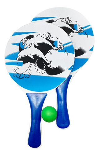Tenis Playa Set De 2 Paletas Madera Grande C/ Pelota Verano Color Delfin Azul 5067