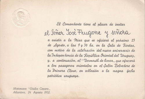 1952 Transatlantico Giulio Cesare Invitacion Independencia