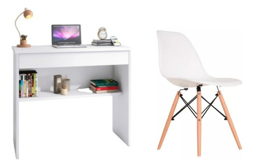 Conj P/ Home Office Mesinha Estilo Industrial + Cadeira Cor Branco