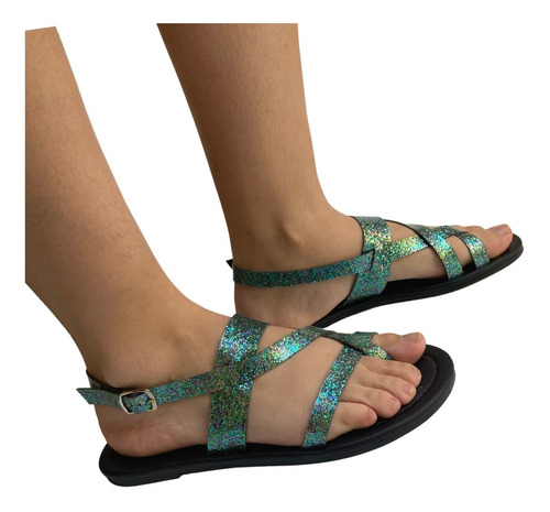 Sandalia Dama Felipe Rentería Brillos Moda Casual Flat Mujer