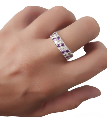 Anillo Plata 925 Medio Sin Fin Doble Hilera Blanco Y Violeta