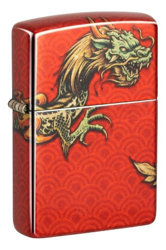 Encendedor Zippo Rojo Con Logo Y Dragon Dorado