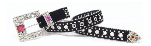 Cinto Country Feminino Preto Com Strass  Fivela Prata