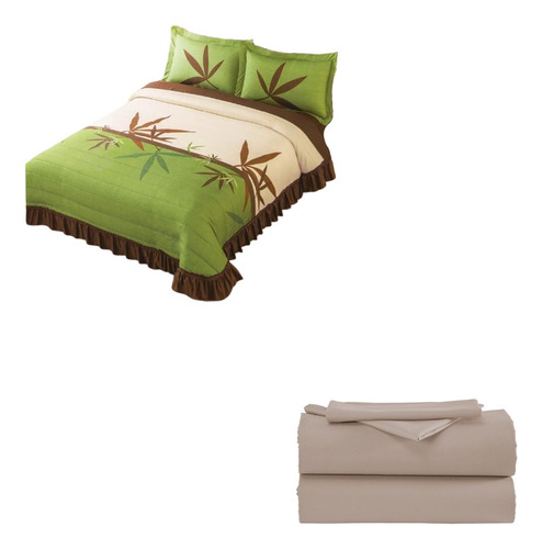 Colcha Matrimonial Bambú Verde C/ Fundas Y Sábanas Concord