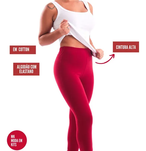 Calça Legging Feminina Plus Size Cotton Cós Médio Lisa - Vermelho