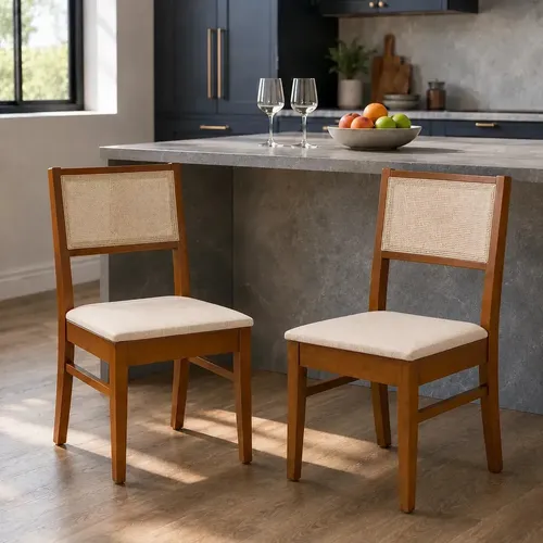 Kit Conjunto 2 Cadeiras Sala De Jantar Cozinha Varanda Madeira Maciça Eucalipto Roma Encosto Tela Clássica ​Assento Estofado Elegante Conforto Linho Espuma D23 Firme Resistente Já Montada Bege Lessul