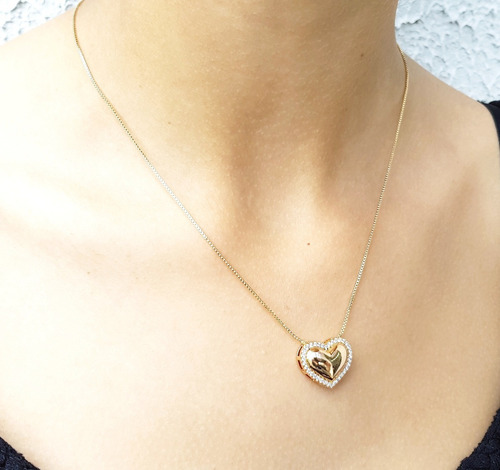 Imagem 2 de 6 de Colar Feminino Namorado Coração Cristal, Banhado Ouro,18k